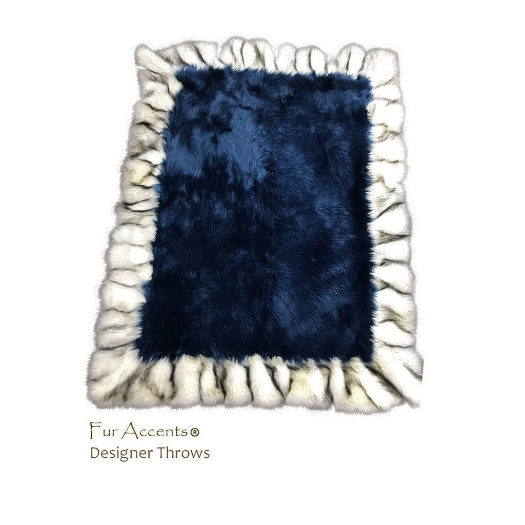 Faux Fur Throw Blanket - Area Rug - Bed Spread - Cobalt Blue Shag - Exotic Gray Wolf Border Trim - Lining - Hand Made in America by Fur Accents - USA