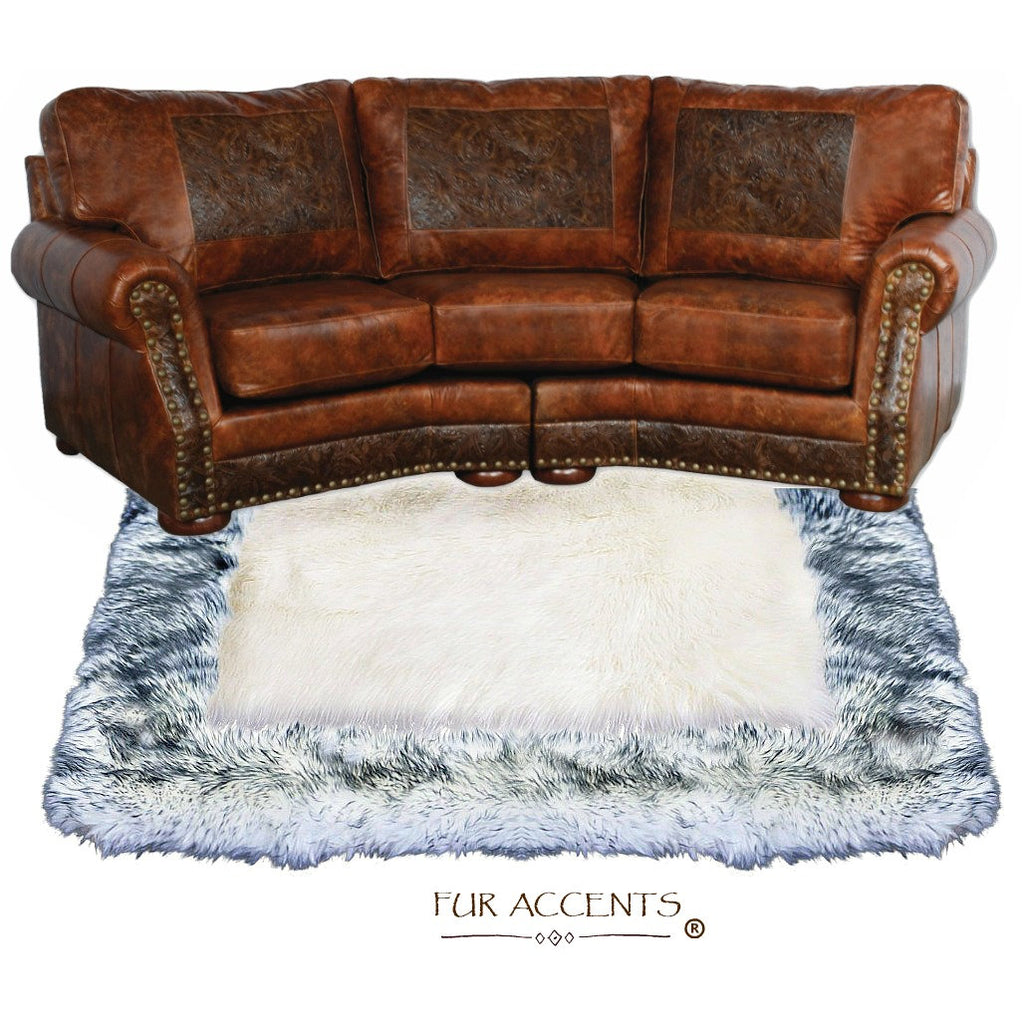 Plush Faux Fur Throw Area Rug - White Shag Sheepskin with Black Tip Arctic Wolf Fur Border Trim - Ultra-Suede Lining - Fur Accents - USA