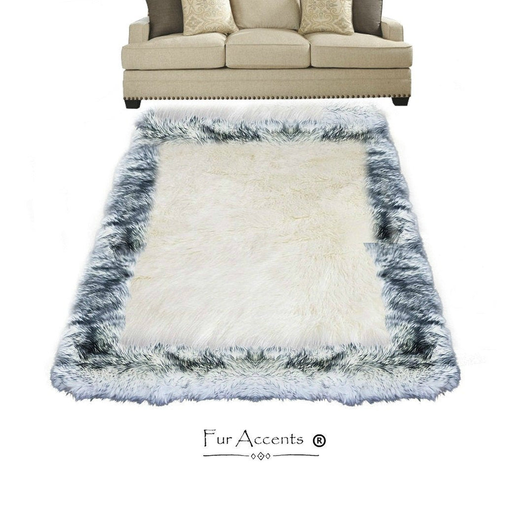 Plush Faux Fur Throw Area Rug - White Shag Sheepskin with Black Tip Arctic Wolf Fur Border Trim - Ultra-Suede Lining - Fur Accents - USA