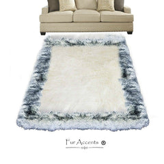 Plush Faux Fur Throw Area Rug - White Shag Sheepskin with Black Tip Arctic Wolf Fur Border Trim - Ultra-Suede Lining - Fur Accents - USA