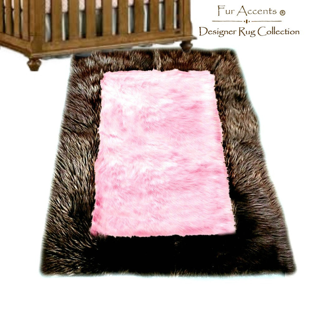 Faux Fur Area Rug - Rich Brown and Pink Shaggy Carpet - Sheepskin - Rectangle Border - Plush Designer Nursery Throw Rug - Fur Accents USA
