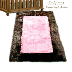 Faux Fur Area Rug - Rich Brown and Pink Shaggy Carpet - Sheepskin - Rectangle Border - Plush Designer Nursery Throw Rug - Fur Accents USA