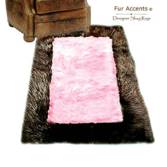 Faux Fur Area Rug - Rich Brown and Pink Shaggy Carpet - Sheepskin - Rectangle Border - Plush Designer Nursery Throw Rug - Fur Accents USA