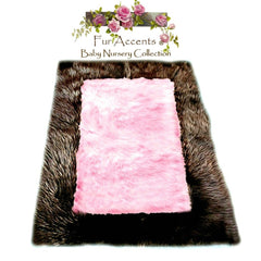 Faux Fur Area Rug - Rich Brown and Pink Shaggy Carpet - Sheepskin - Rectangle Border - Plush Designer Nursery Throw Rug - Fur Accents USA