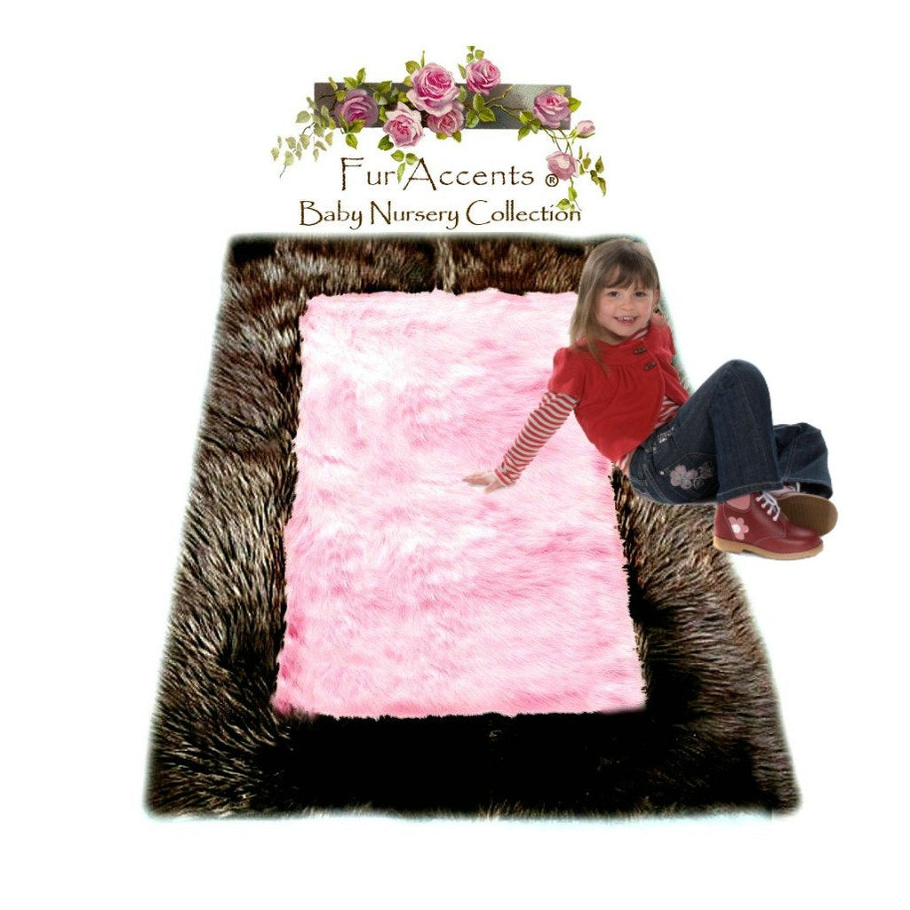 Faux Fur Area Rug - Rich Brown and Pink Shaggy Carpet - Sheepskin - Rectangle Border - Plush Designer Nursery Throw Rug - Fur Accents USA
