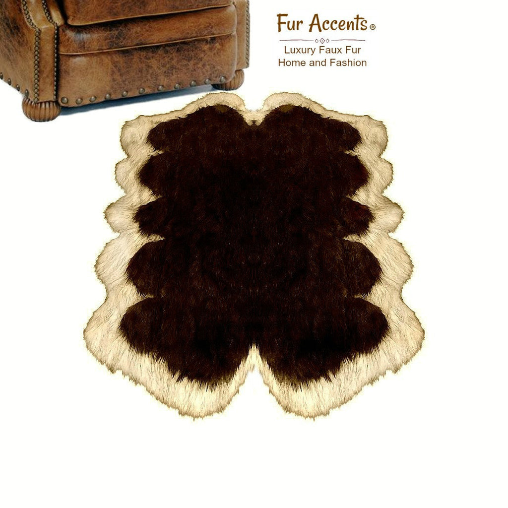 Hand Made Designer Art Rug, Pieced Faux Fur Rug, Luxury Fur, Soft, Thick, Off White Border with Brown Center, Quatro Sheepskin Rug, Shag Carpet, Fur Accents USA