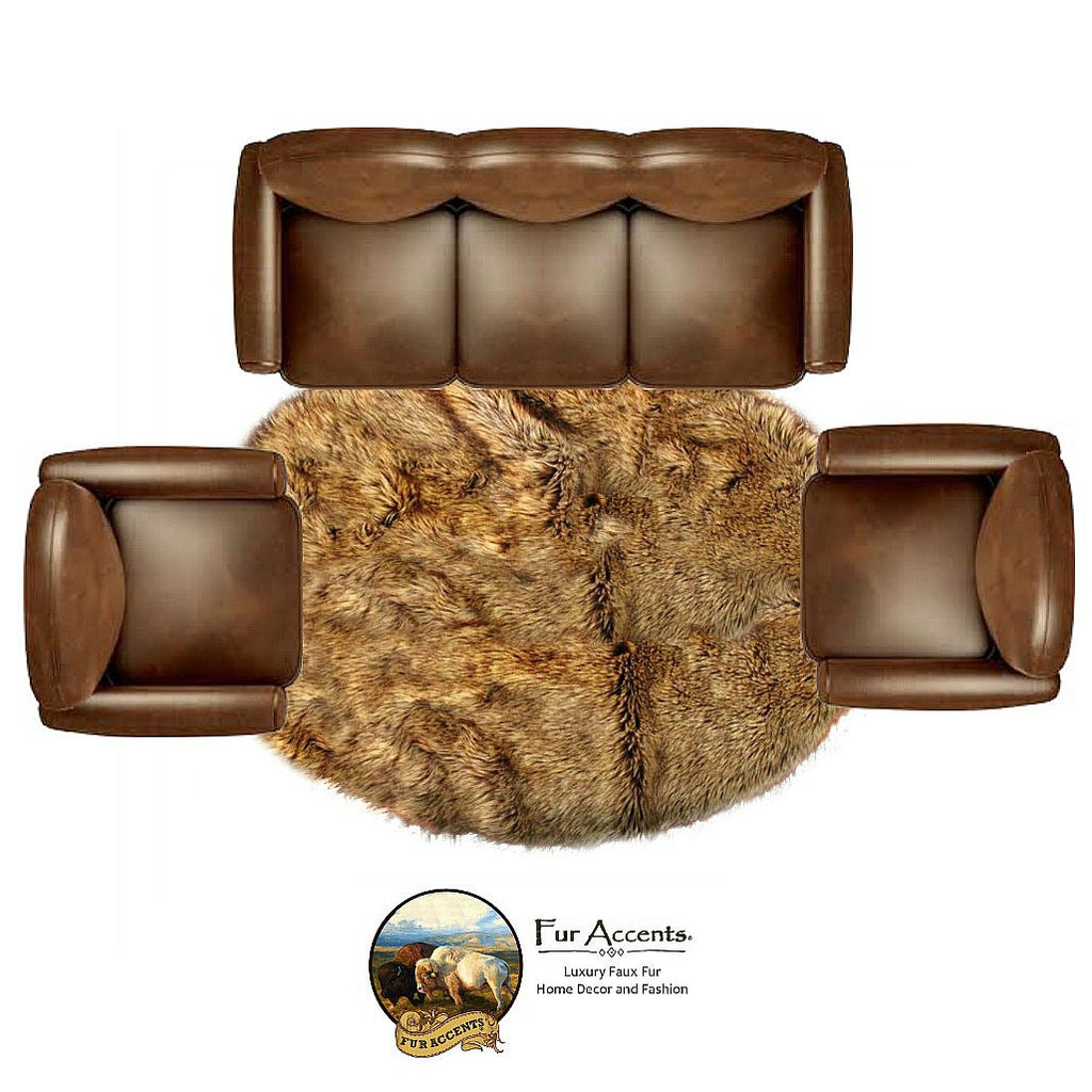 Unique Hand Crafted Oval Rug, Faux Wolf Fur Area Rug, Light Brown Wolf, Coyote, Ultra Suede Lined, Designer Original, Hand Made in America by Fur Accents USA