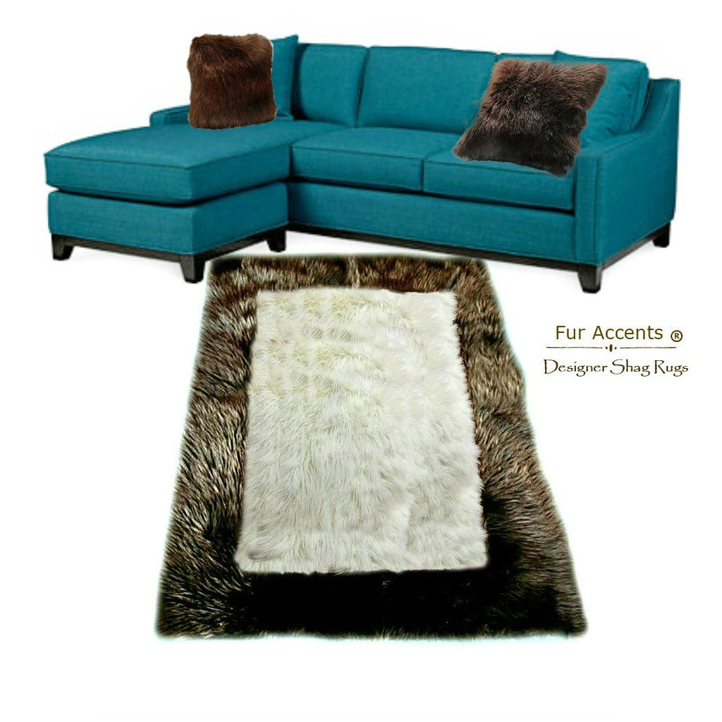 Faux Fur Area Rug - Rich Brown - Off White Shaggy Carpet - Sheepskin - Rectangle Border - Plush Designer Nursery Throw Rug - Fur Accents USA