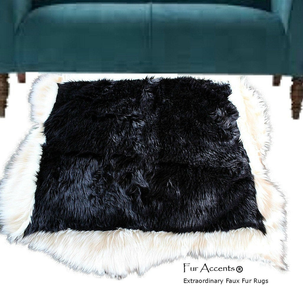 Hand Made Artistic Art Rug - Black and White Contemporary Faux Fur Area Rug - Luxury Fur - Black with White Border - Sheepskin - Random Shape Designer Throw - Fur Accents USA