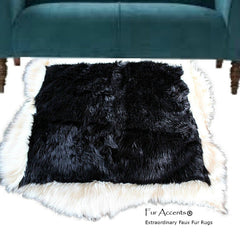 Hand Made Artistic Art Rug - Black and White Contemporary Faux Fur Area Rug - Luxury Fur - Black with White Border - Sheepskin - Random Shape Designer Throw - Fur Accents USA
