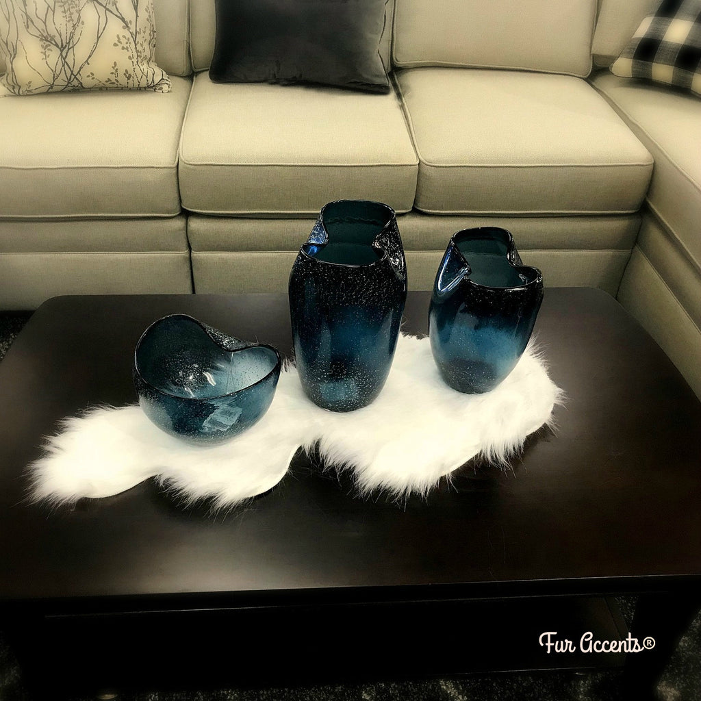 White Fur Doily, Runner,Shaggy White Faux-Snow Flake Decorations, Unique, Table Top, Dresser, Mantle, Handmade Locally, Fur Accents-USA