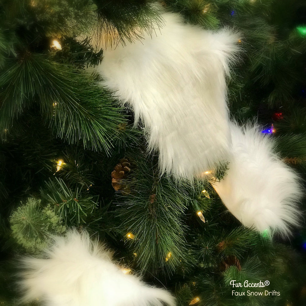 White Christmas Tree Snow Drift Ornaments,Shaggy White Faux-Snow Flake Decorations,Tree Trim,Holiday Decor Handmade Locally, Fur Accents-USA