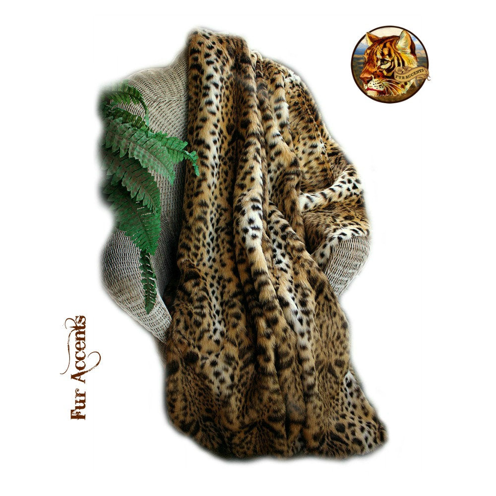 Faux Fur Throw Blanket - Bedspread - Plush Luxury Fur - Medium Brown Spotted Leopard - Minky Cuddle Fur Lining - Fur Accents - USA
