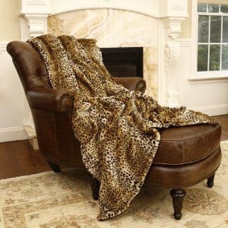 Faux Fur Throw Blanket - Bedspread - Plush Luxury Fur - Medium Brown Spotted Leopard - Minky Cuddle Fur Lining - Fur Accents - USA