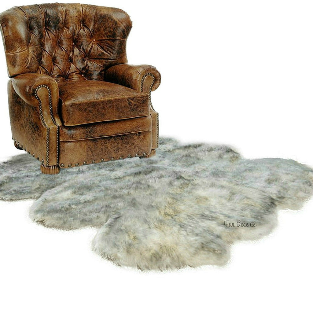 Plush Luxury Faux Fur Area Rug Thick Shaggy Octo Sheepskin - Arctic Wolf Off White with Black Tips - Designer Throw Rug - Fur Accents USA