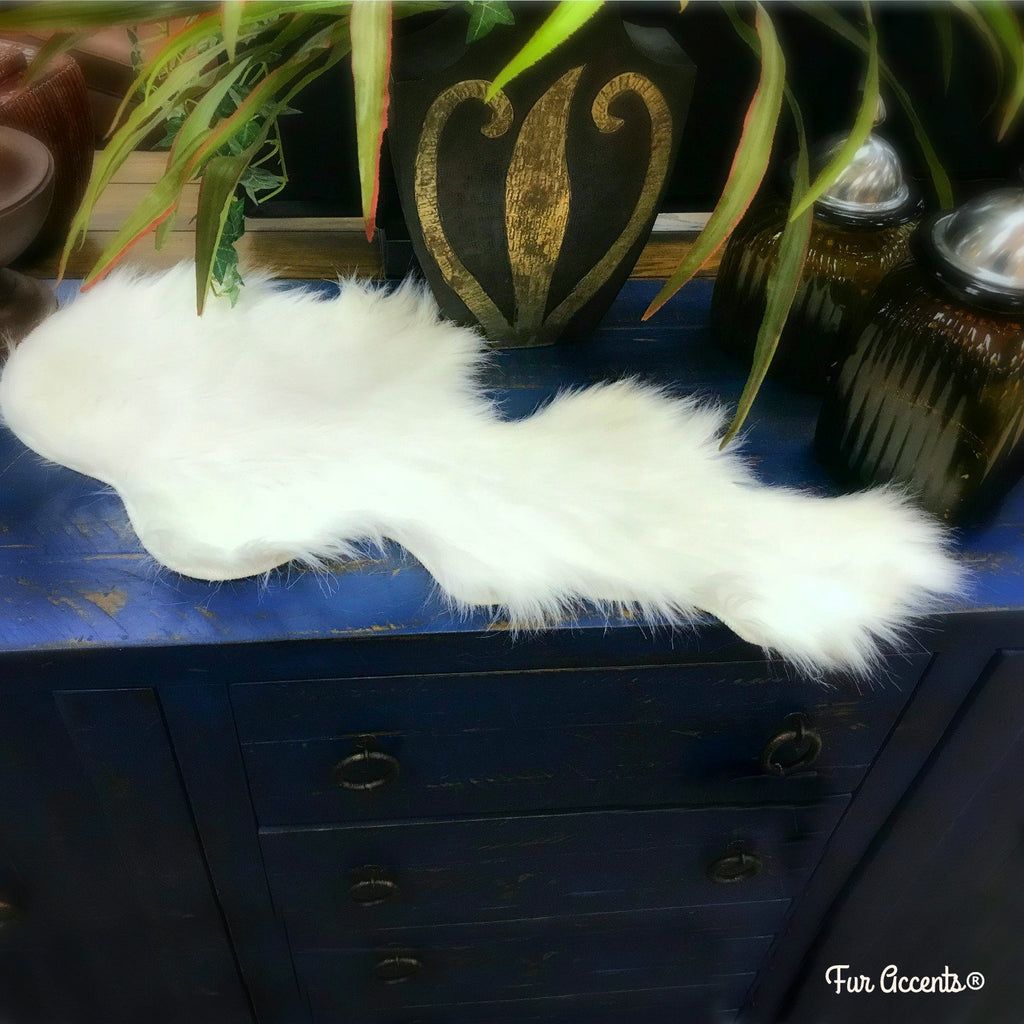 White Fur Doily, Runner,Shaggy White Faux-Snow Flake Decorations, Unique, Table Top, Dresser, Mantle, Handmade Locally, Fur Accents-USA