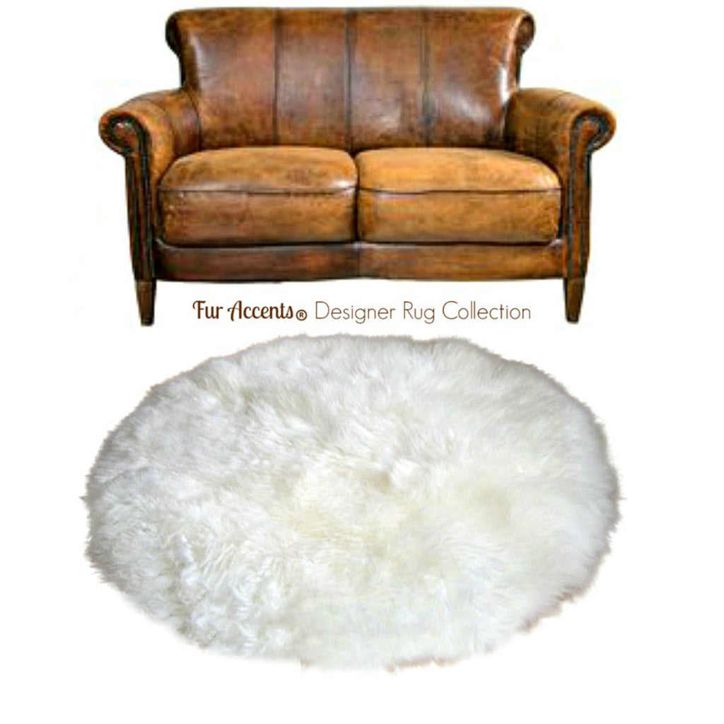 Plush Round Faux Fur Area Rug - Soft White Shag - Bonded Suede Back - Man Made Sheepskin - Designer Throw Rug - 100% Animal Friendly Fur - Hand Made in America by Fur Accents - USA