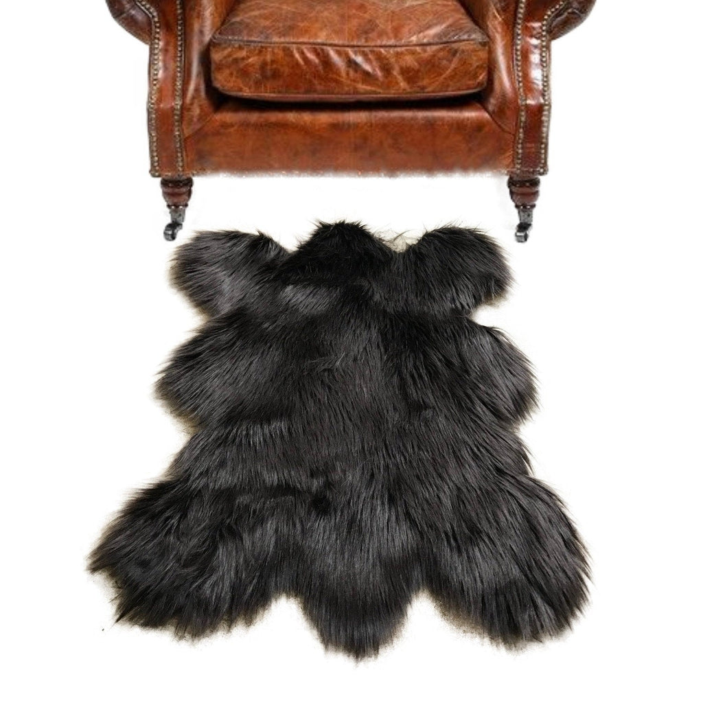 Plush Faux Fur Area Rug - Rocky  Mountain Bear Design - Pelt Shape - Shaggy Shag Sheepskin Throw 6 Colors Designer Art Rug - Fur Accents USA