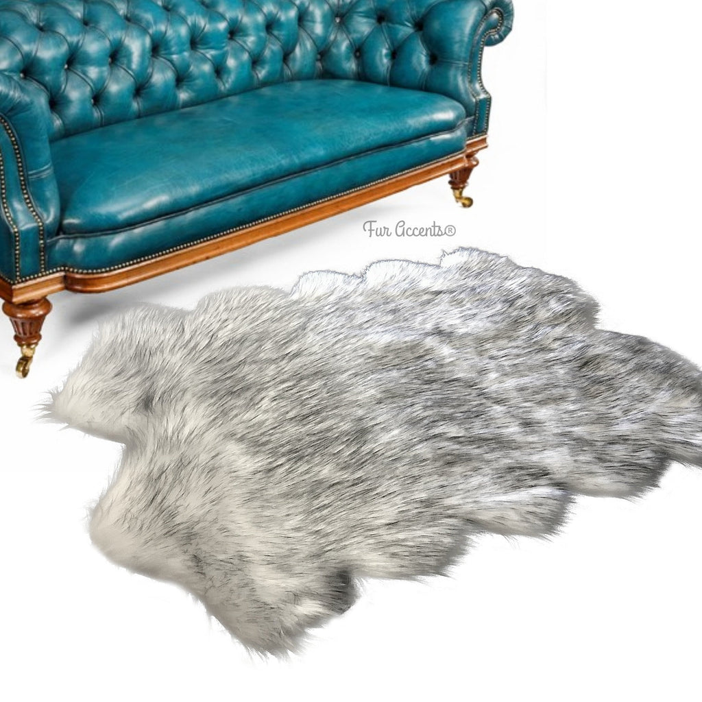 Extraordinary Faux Fur Sheepskin Area Rug - Quatro Design - Pelt Shape - White w/Black Tips - Shaggy Shag Designer Art Rug - Hand Crafted in America by Fur Accents USA