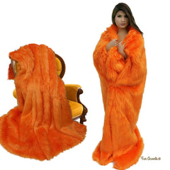 Plush Faux Fur Throw Blanket - Bedspread - Duvet - Orange - Exclusive Luxury Shag Fur - Minky Cuddle Lining - Fur Accents - Hand Made USA
