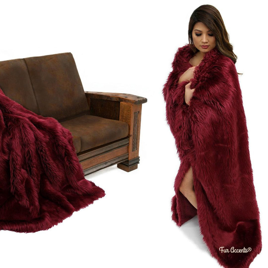 Plush Faux Fur Throw Blanket - Bedspread -  Comforter or Duvet - Burgundy - Shag Luxury Fur - Minky Cuddle Lining - Fur Accents - USA