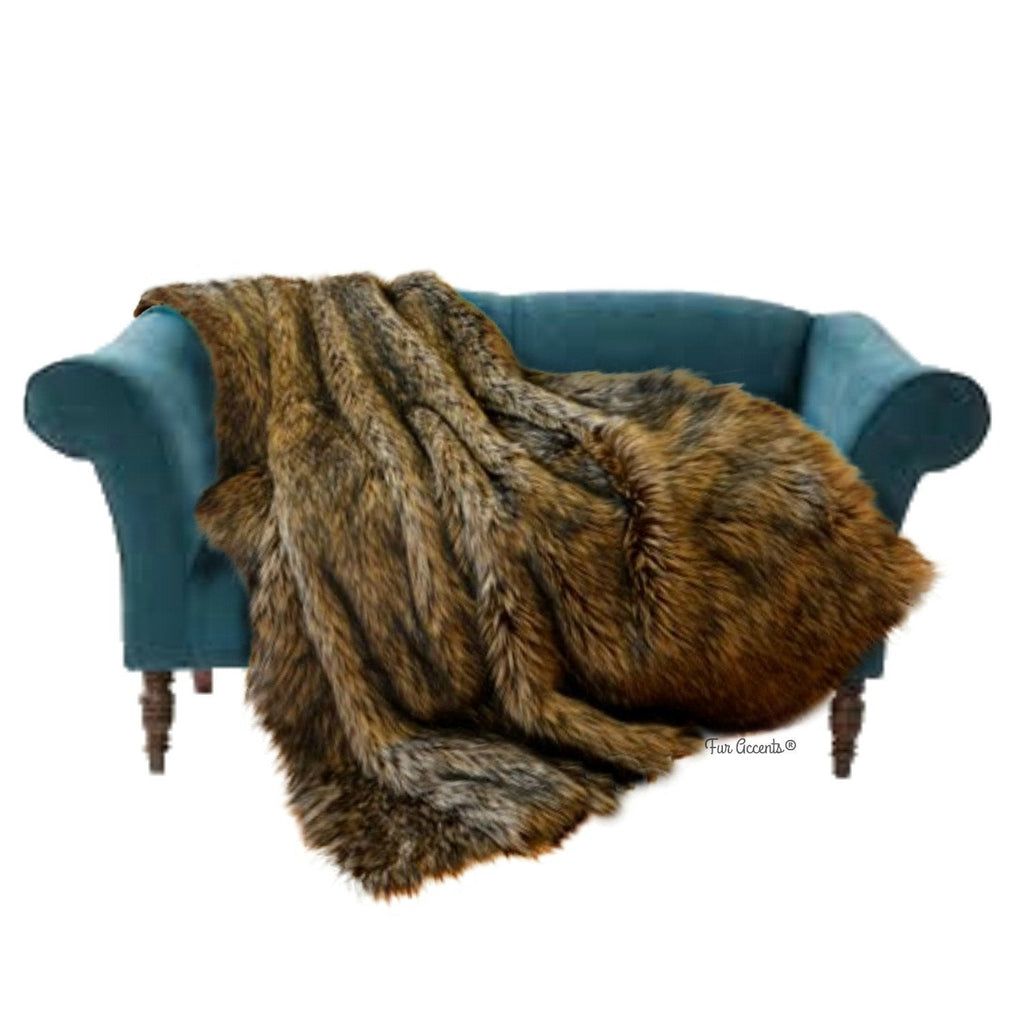 Plush  Faux Fur Throw Blanket, Soft Brown Wolf Fur Shag - Luxury Fur - Minky Snuggle, Cuddle Fur Lining Fur Accents USA