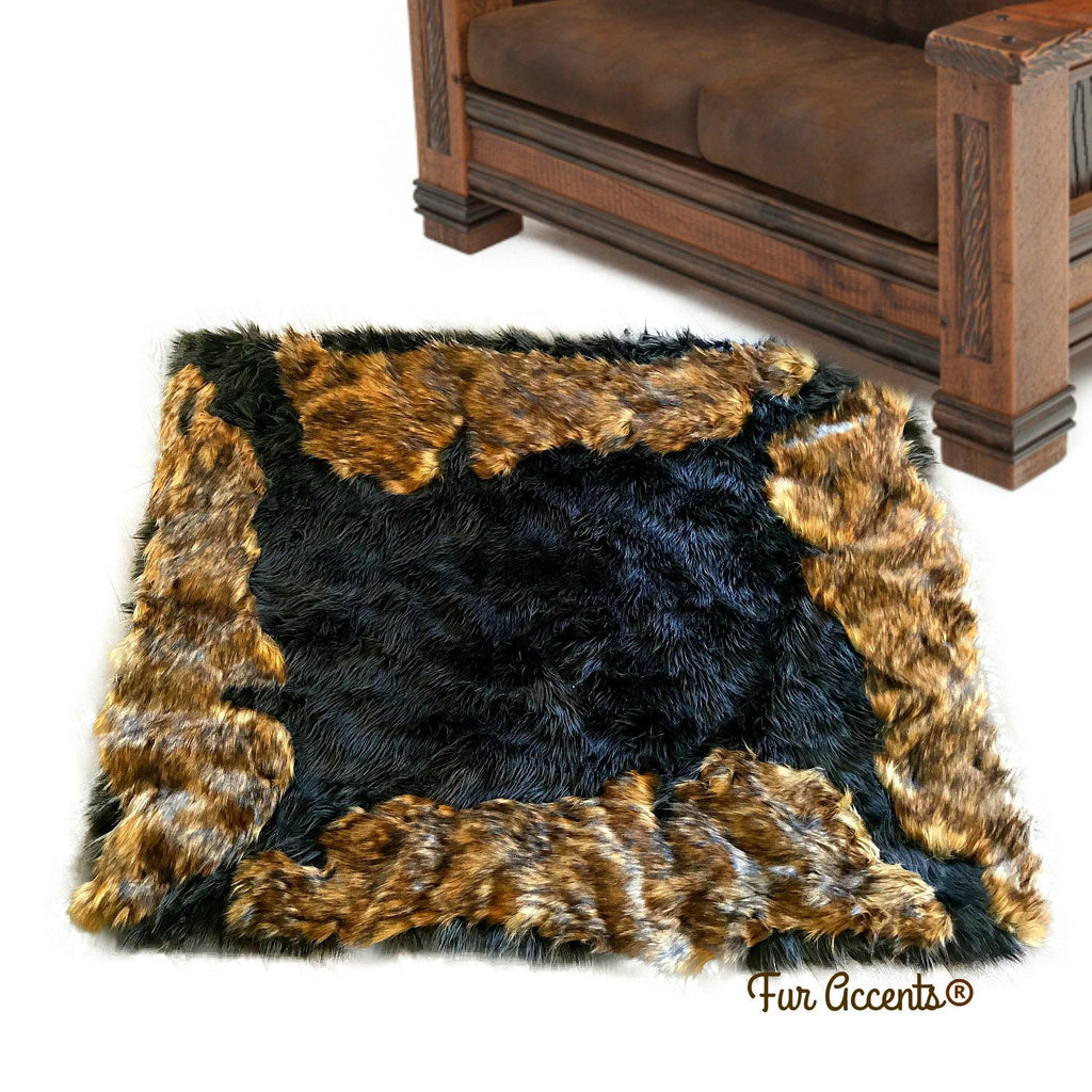Plush Faux Fur Throw Area Rug - Black Bear Rug with Brown Wolf Trim - Hand Sewn - Micro Suede Lining - Fur Accents - USA