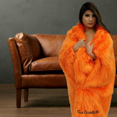 Plush Faux Fur Throw Blanket - Bedspread - Duvet - Orange - Exclusive Luxury Shag Fur - Minky Cuddle Lining - Fur Accents - Hand Made USA