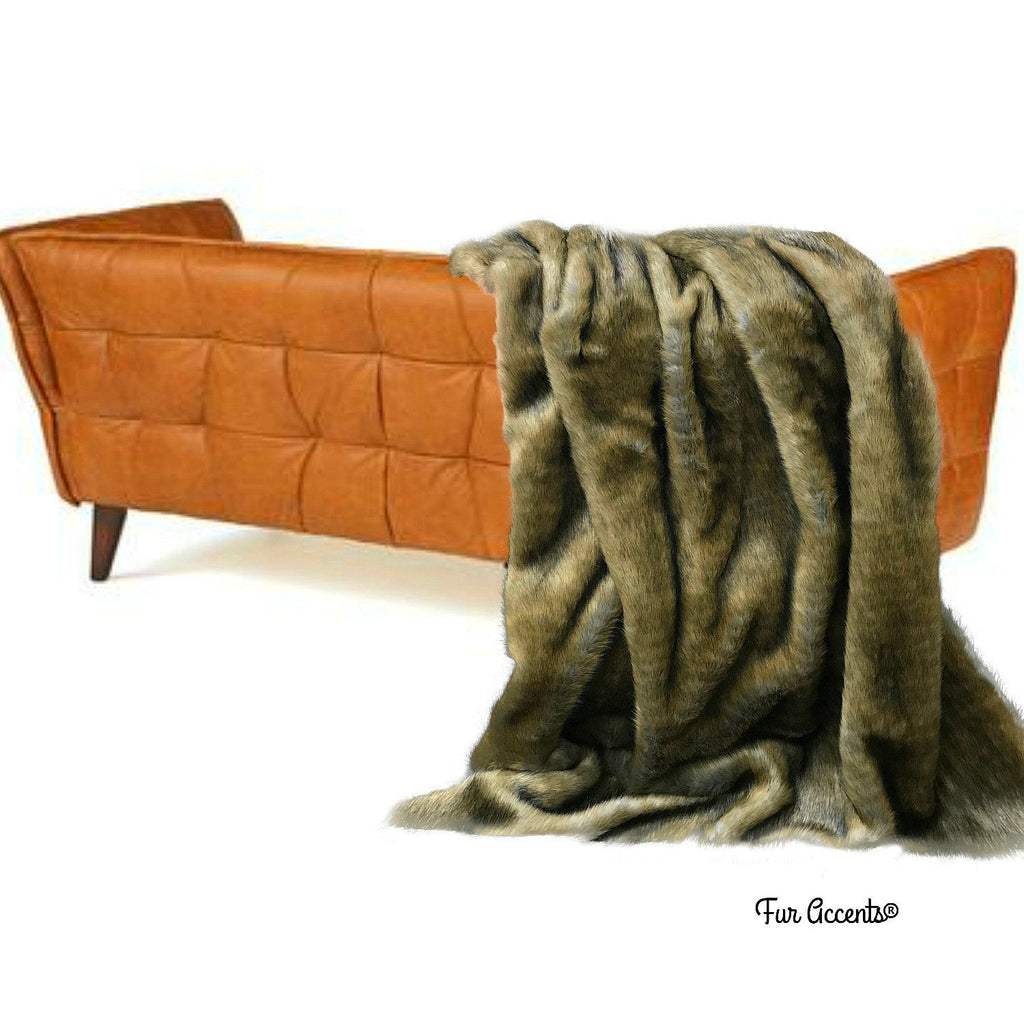 Plush  Faux Fur Throw Blanket, Gold and Gray Wolf Fur Shag - Luxury Fur - Minky Snuggle, Cuddle Fur Lining Fur Accents USA