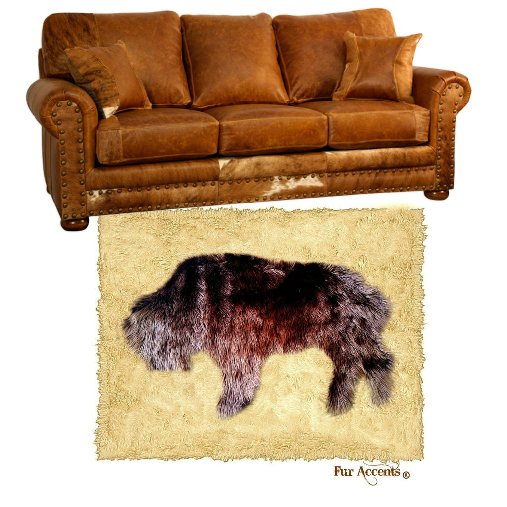 Plush Faux Fur Area Rug - Standing Buffalo Art Rug - Rectangle - Hand Sewn - Micro Suede Lining - Western - Log Cabin - Fur Accents - USA
