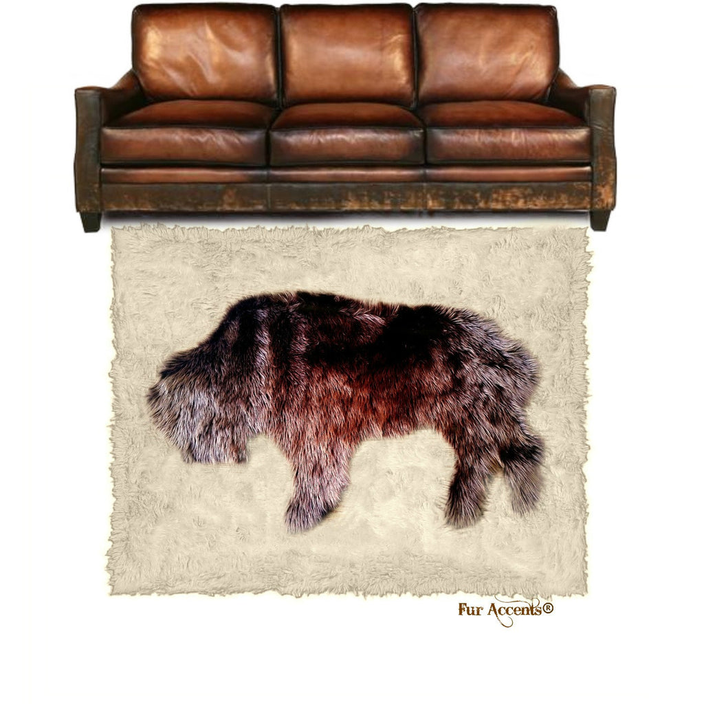 Plush Faux Fur Area Rug - Standing Buffalo Art Rug - Rectangle - Hand Sewn - Micro Suede Lining - Western - Log Cabin - Fur Accents - USA