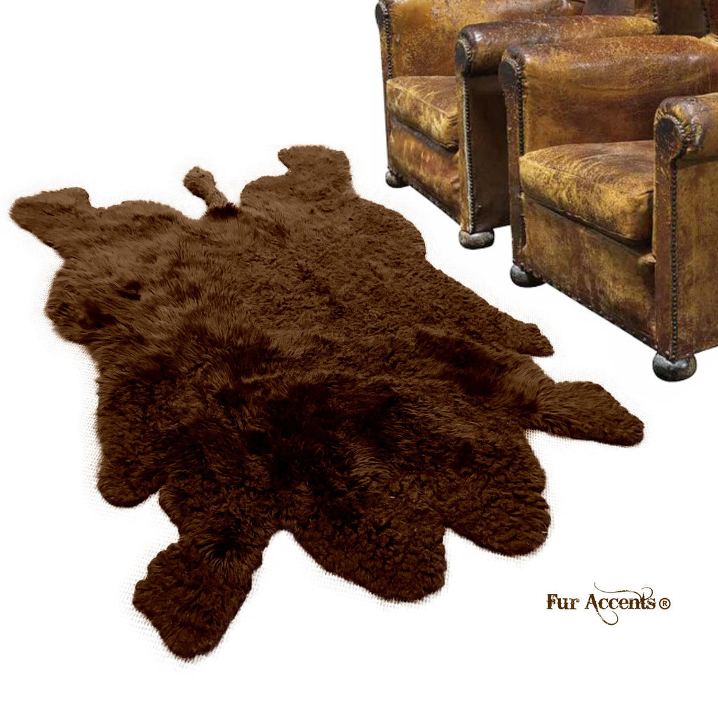 Plush Faux Fur Area Rug - Shaggy Buffalo Skin Hide - Large - Realistic Pelt Shape - Designer Throw - Brown -Art Rug by Fur Accents - USA