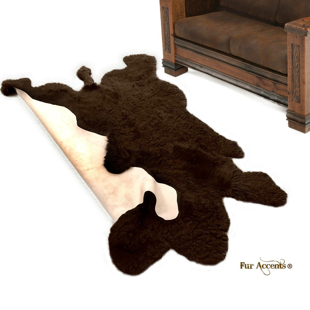 Plush Faux Fur Area Rug - Shaggy Buffalo Skin Hide - Sheepskin - Realistic Pelt Shape - Designer Throw - Brown -Art Rug by Fur Accents - USA