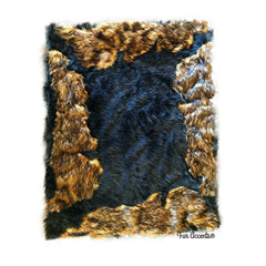 Plush Faux Fur Throw Area Rug - Black Bear Rug with Brown Wolf Trim - Hand Sewn - Micro Suede Lining - Fur Accents - USA
