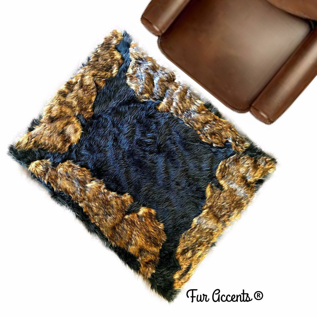 Plush Faux Fur Throw Area Rug - Black Bear Rug with Brown Wolf Trim - Hand Sewn - Micro Suede Lining - Fur Accents - USA