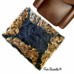 Plush Faux Fur Western Style Area Rug - Black or Brown Shag Bear Rug with Brown Wolf Trim - Rectangle Shape Framed with Our Best Animal Faux Fur - Hand Sewn in America - Micro Suede Lining - Fur Accents - USA