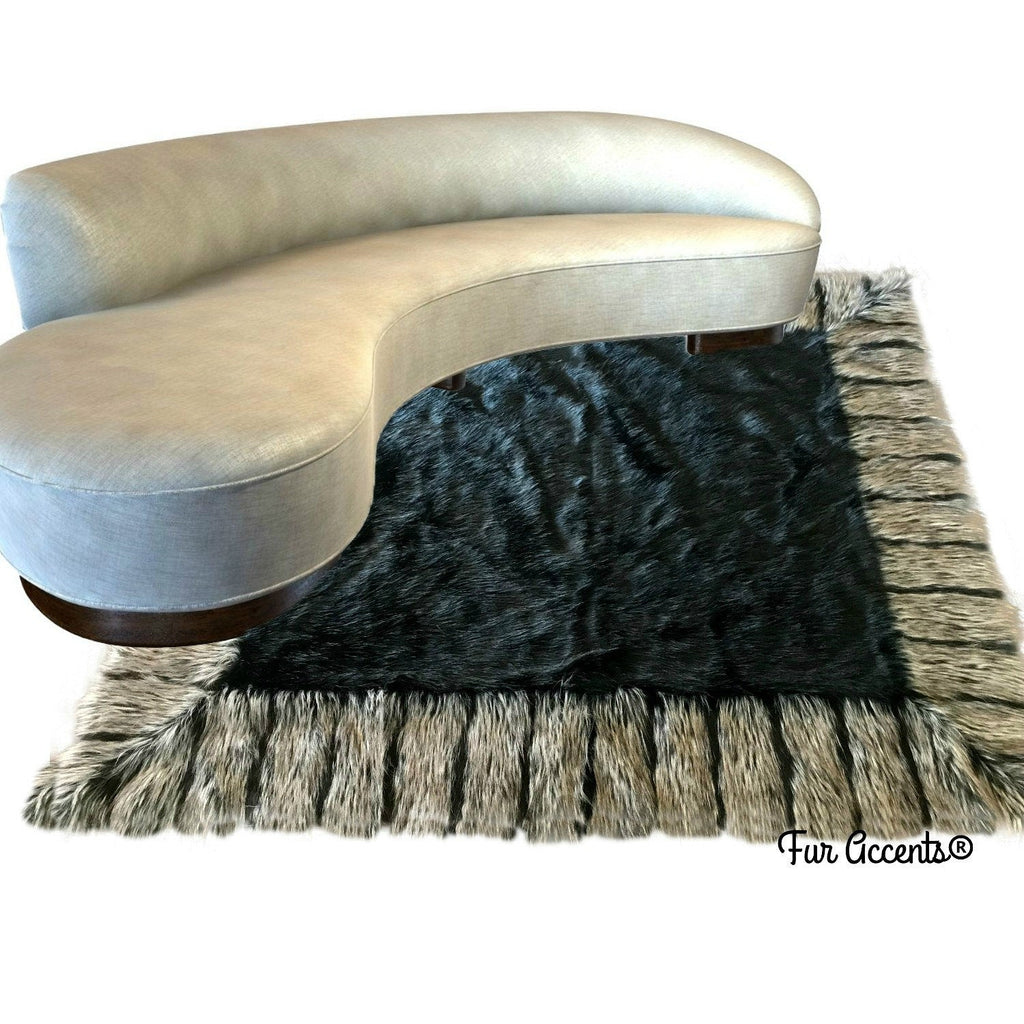 Plush Faux Fur Throw Area Rug - Black Brown OR Gray Shag Bear with Brown Ribbed Fox Fur Border Trim - Ultra-Suede Lining - Fur Accents - USA
