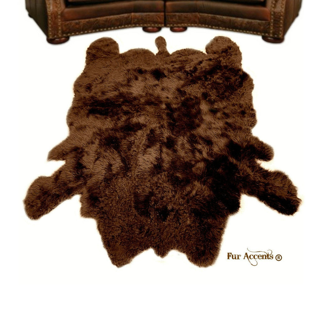 Plush Faux Fur Area Rug - Shaggy Buffalo Skin Hide - Large - Realistic Pelt Shape - Designer Throw - Brown -Art Rug by Fur Accents - USA