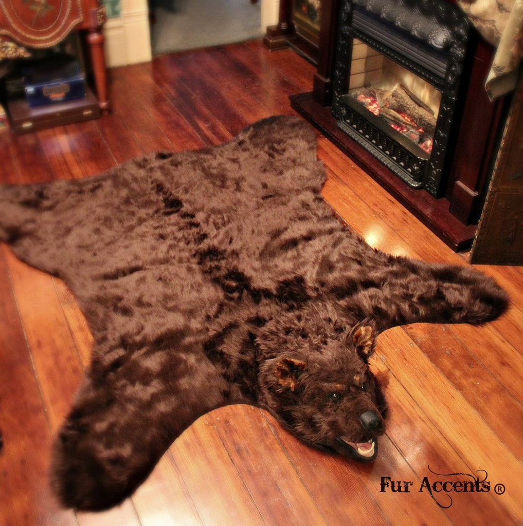 Faux Fur Bear Skin Rug - Hand Made - Realistic - Life Size - Luxury Fur - Fur Accents USA