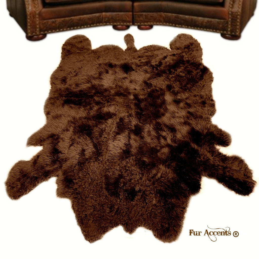 Plush Faux Fur Area Rug - Shaggy Buffalo Skin Hide - Large - Realistic Pelt Shape - Designer Throw - Brown -Art Rug by Fur Accents - USA