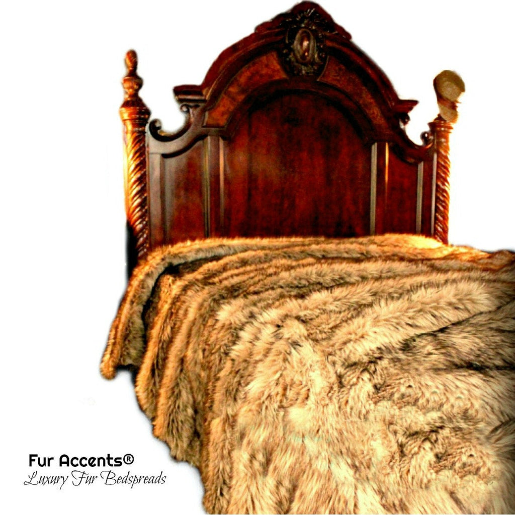 Plush  Faux Fur Throw Blanket, Soft Brown Coyote Bedspread - Luxury Fur - Minky Cuddle Fur Lining Fur Accents USA