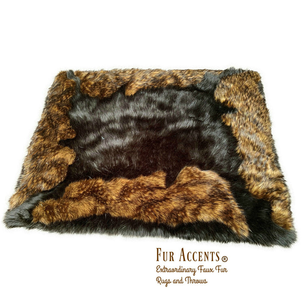 Plush Faux Fur Throw Area Rug - Black Bear Rug with Brown Wolf Trim - Hand Sewn - Micro Suede Lining - Fur Accents - USA