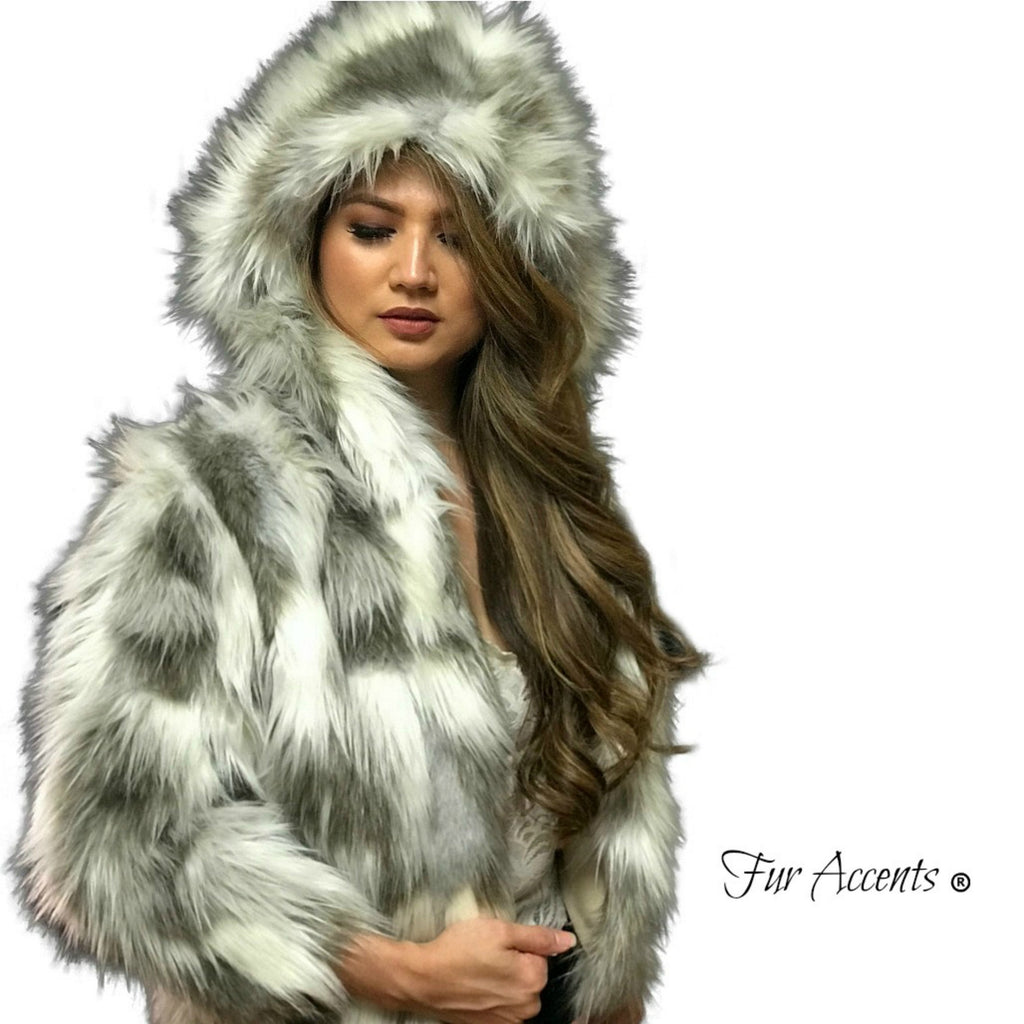 FUR ACCENTS Exotic Faux Fur Shaggy Gray Nordic Fox Hooded Coat - Jacket - Oversize - Lined - Hand Made in the USA