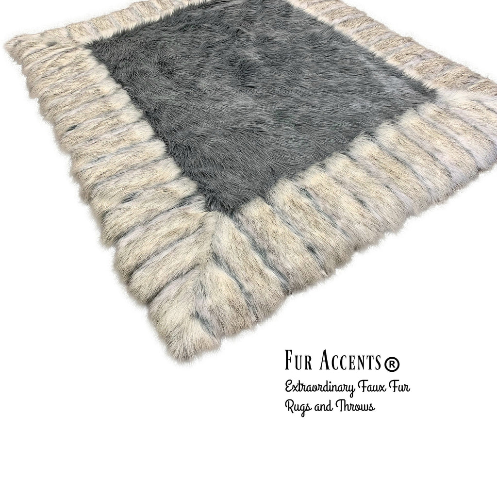Plush Faux Fur Throw Area Rug - Black Brown OR Gray Shag Bear with Brown Ribbed Fox Fur Border Trim - Ultra-Suede Lining - Fur Accents - USA