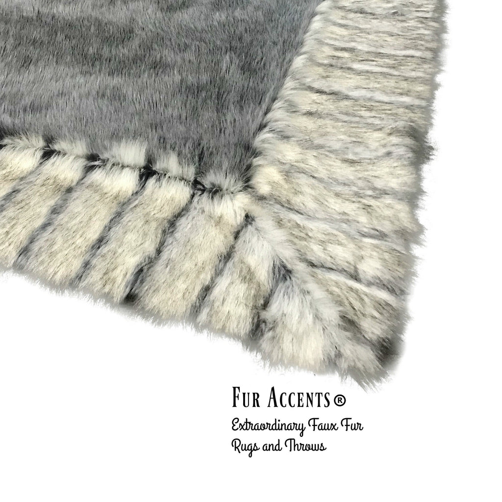 Plush Faux Fur Throw Area Rug - Black Brown OR Gray Shag Bear with Brown Ribbed Fox Fur Border Trim - Ultra-Suede Lining - Fur Accents - USA