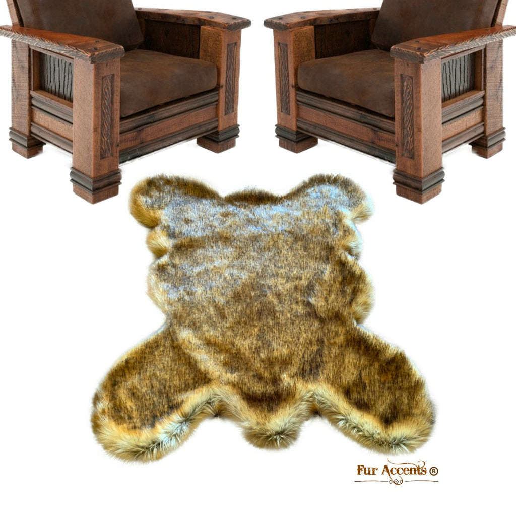 Plush Faux Fur Area Rug - Luxury Fur  Golden Brown Grizzly Bear Skin Rug - Gray Undercoat - Realistic - Soft - Log Cabin - Fur Accents USA