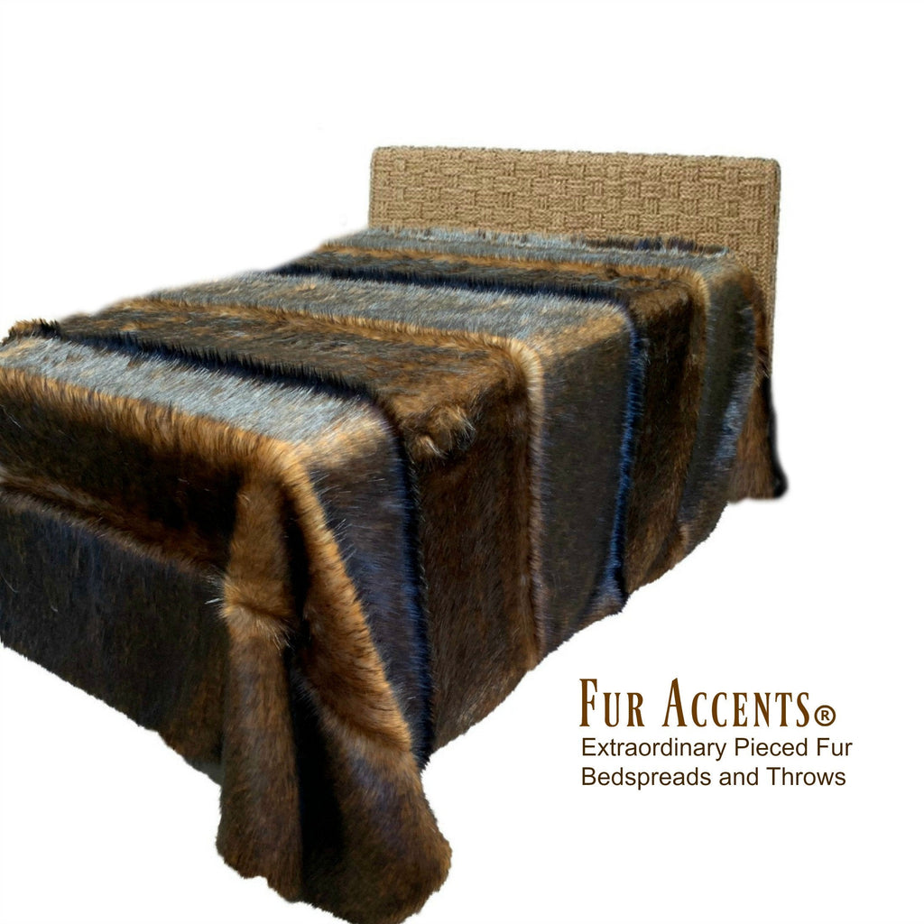 Plush Faux Fur Throw Blanket - Bedspread - Luxury Pieced Fur Golden Brown or Stripe Wolf Fur Minky Cuddle Fur Lining - Fur Accents - USA