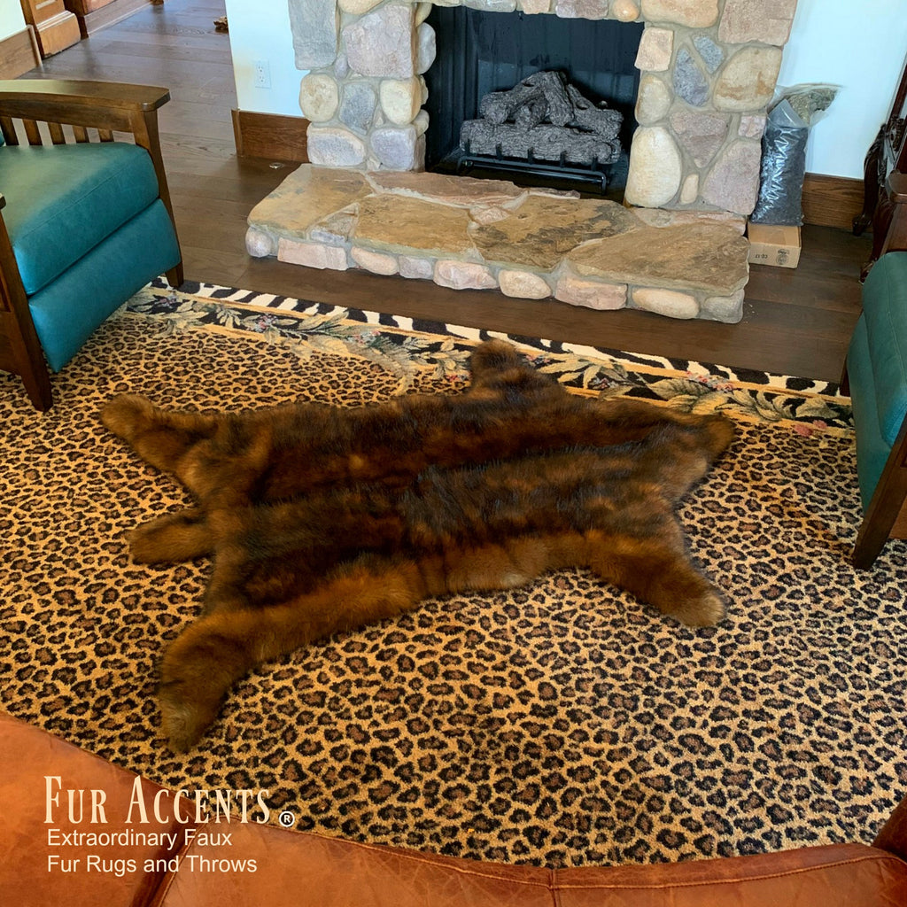 Plush Faux Fur Area Rug - Luxury Fur Thick Red Brown Bear Skin - Faux Fur - Animal Pelt Shape Designer Throw Art Rug by- Fur Accents - USA