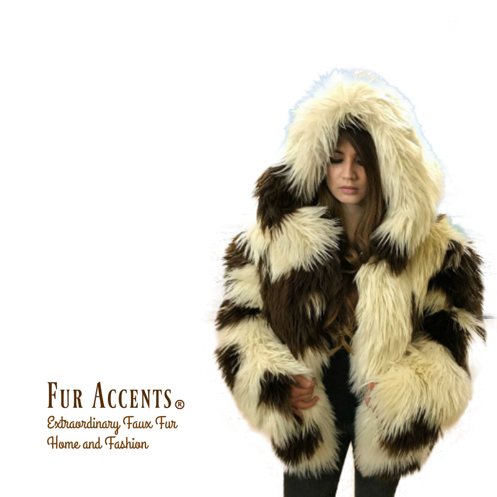FUR ACCENTS Exotic Faux Fur Shaggy  Thick Long Hair Icelandic Sheepskin Hooded Coat -  Unisex Jacket - One Size - Oversize