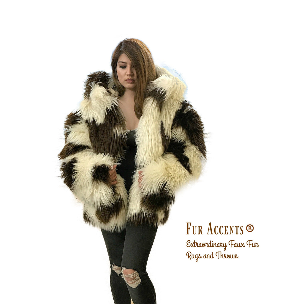 FUR ACCENTS Exotic Faux Fur Shaggy  Thick Long Hair Icelandic Sheepskin Hooded Coat -  Unisex Jacket - One Size - Oversize